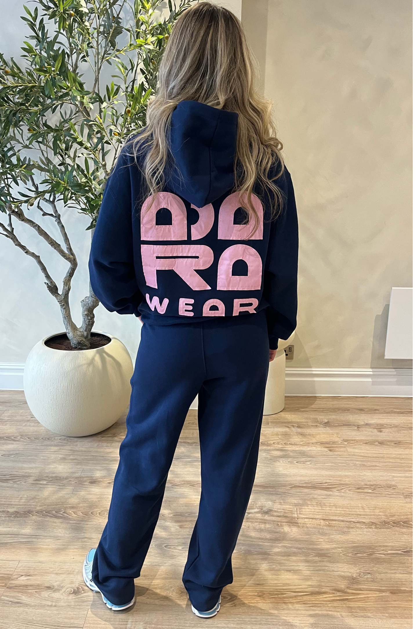 Navy Joggers with Pink Embroidered Pockets