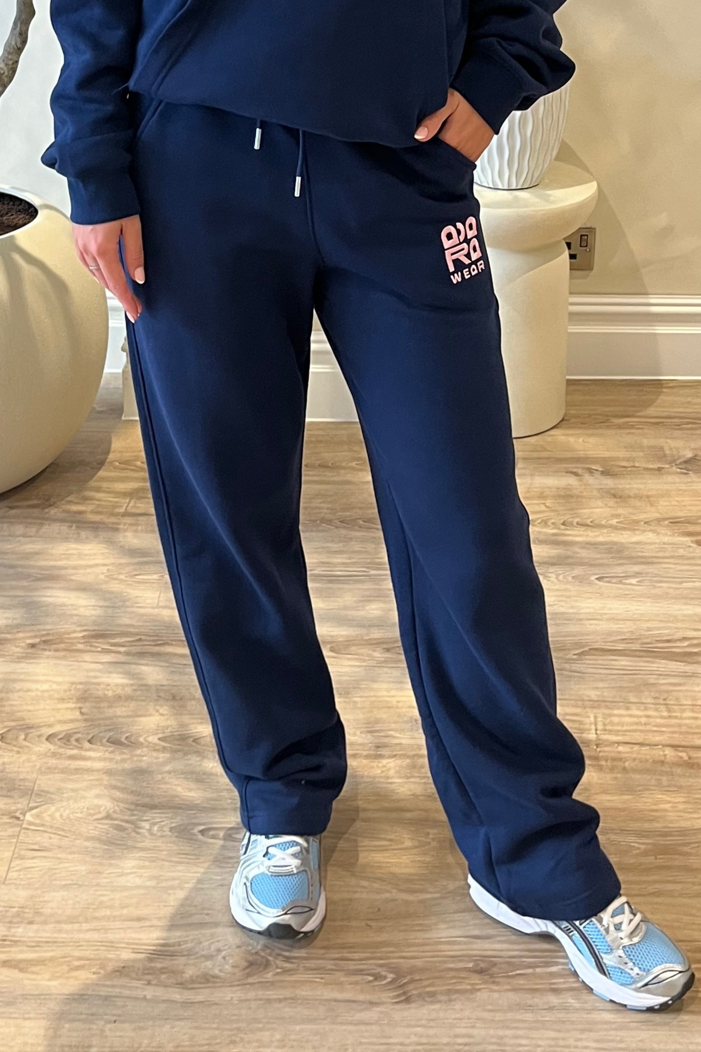 Navy Joggers with Pink Embroidered Pockets
