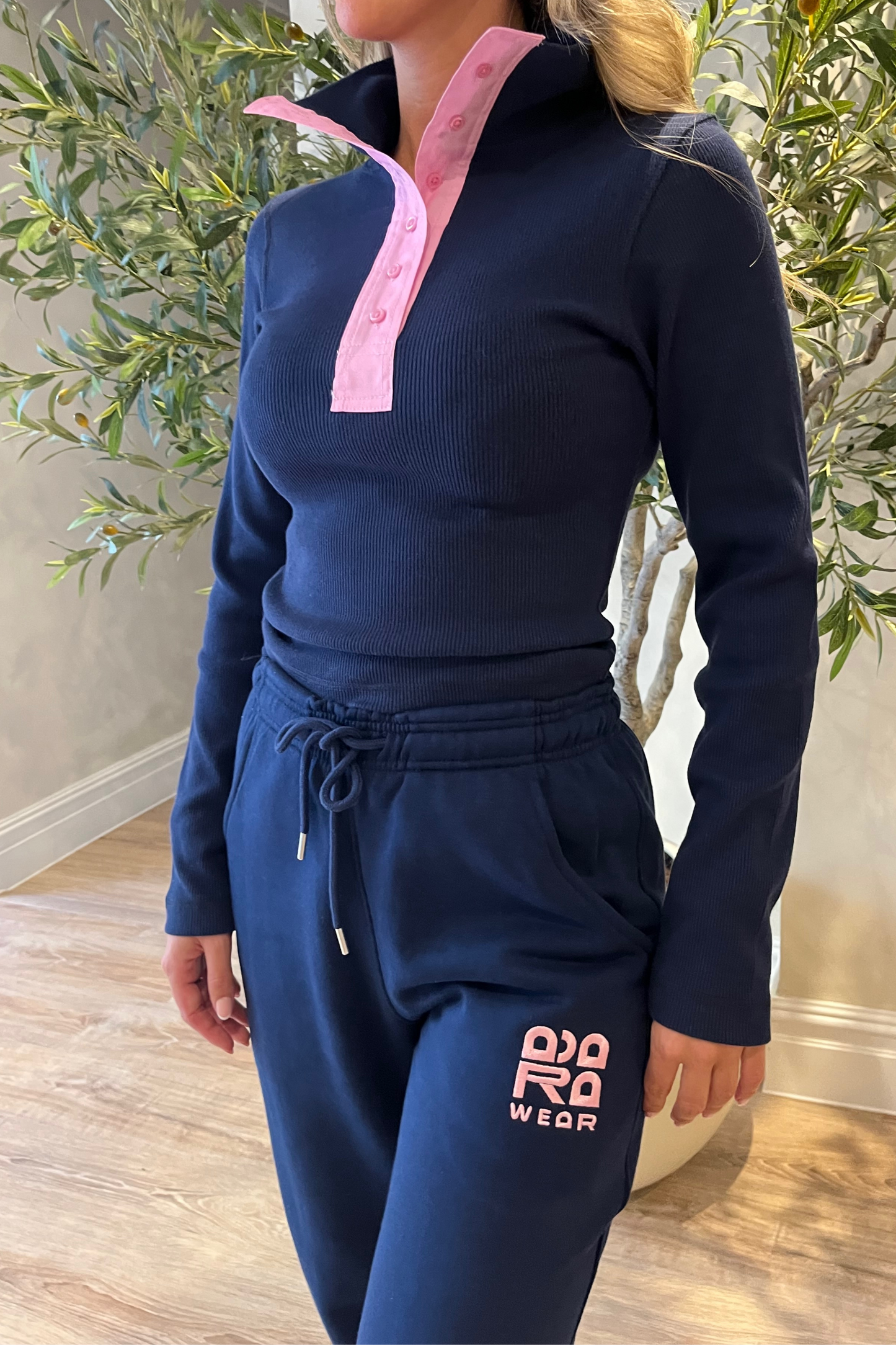 Navy Ribbed Top with Pink Contrast Neckline – Adara Wear