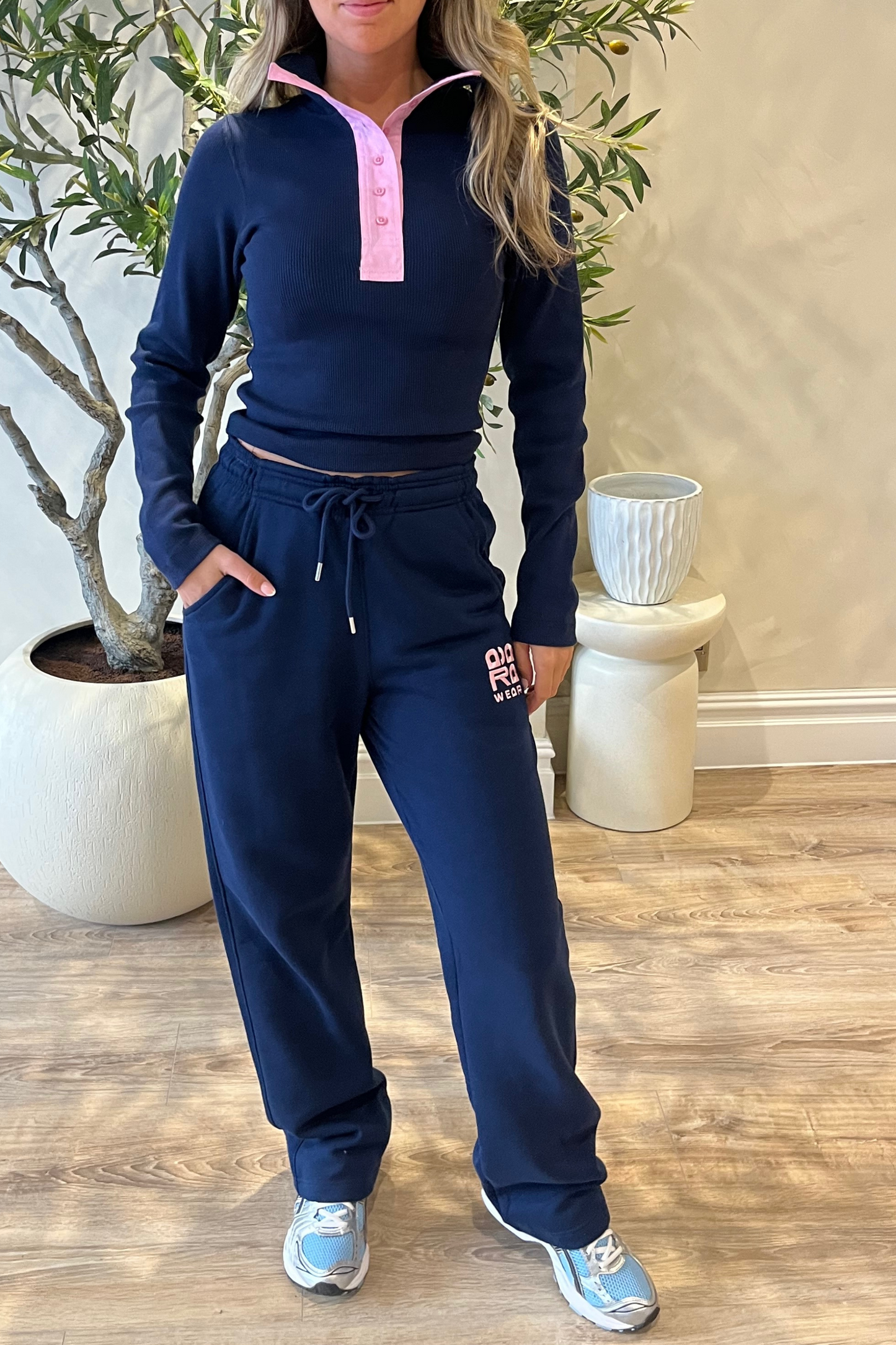 Navy Ribbed Top with Pink Contrast Neckline – Adara Wear