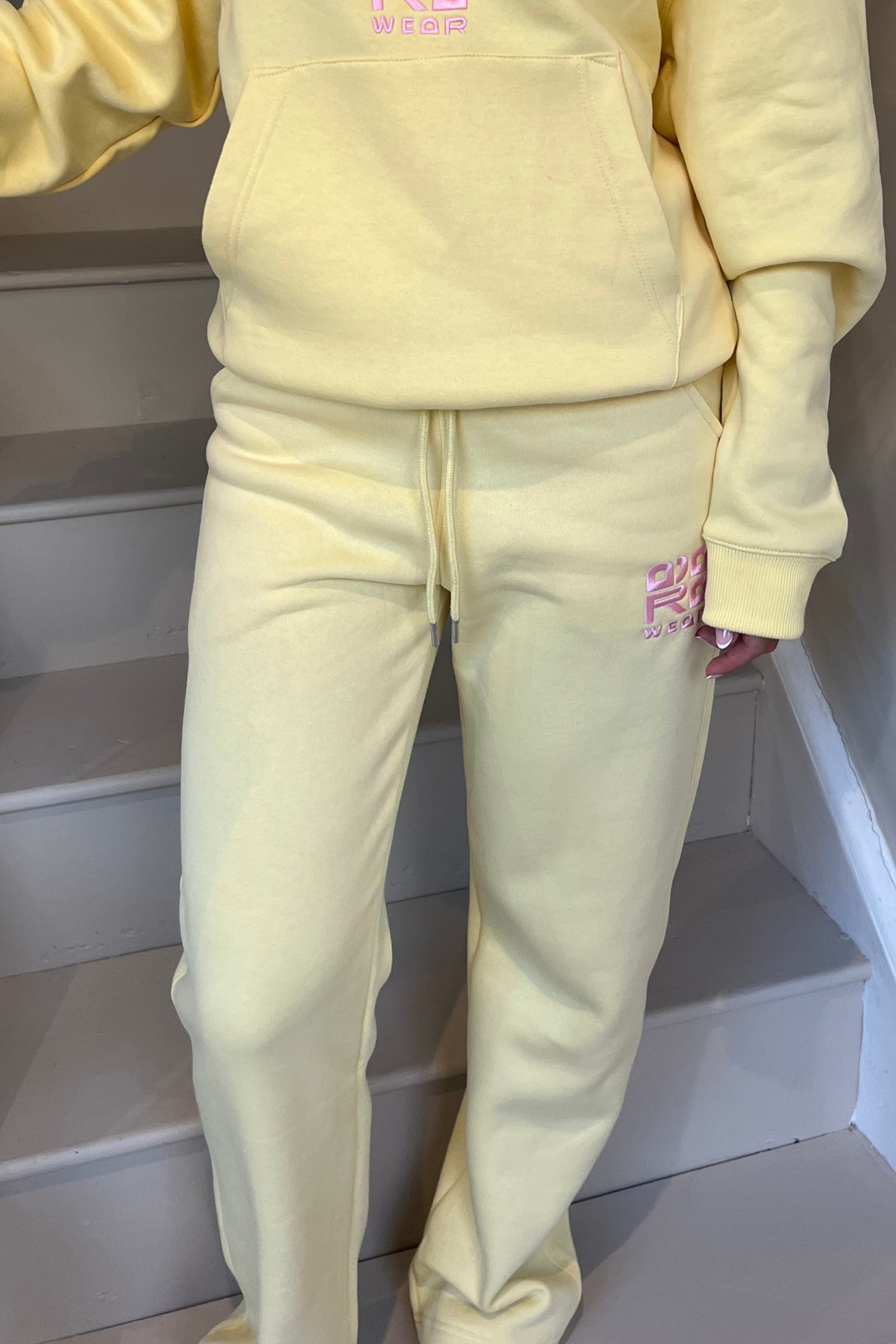 Yellow Joggers with Pink Embroidery