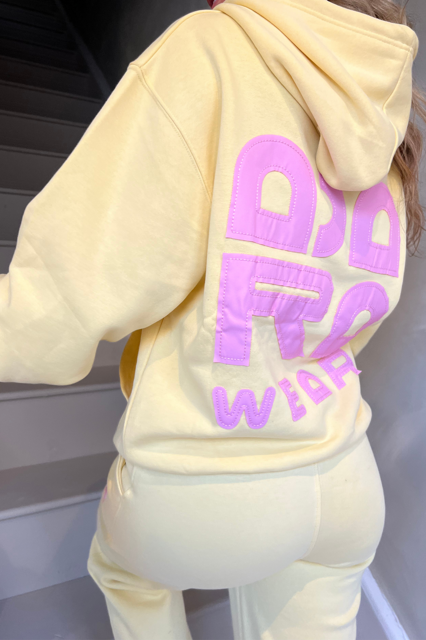 Yellow Hoodie with Pink Embroidery & Appliqué Back