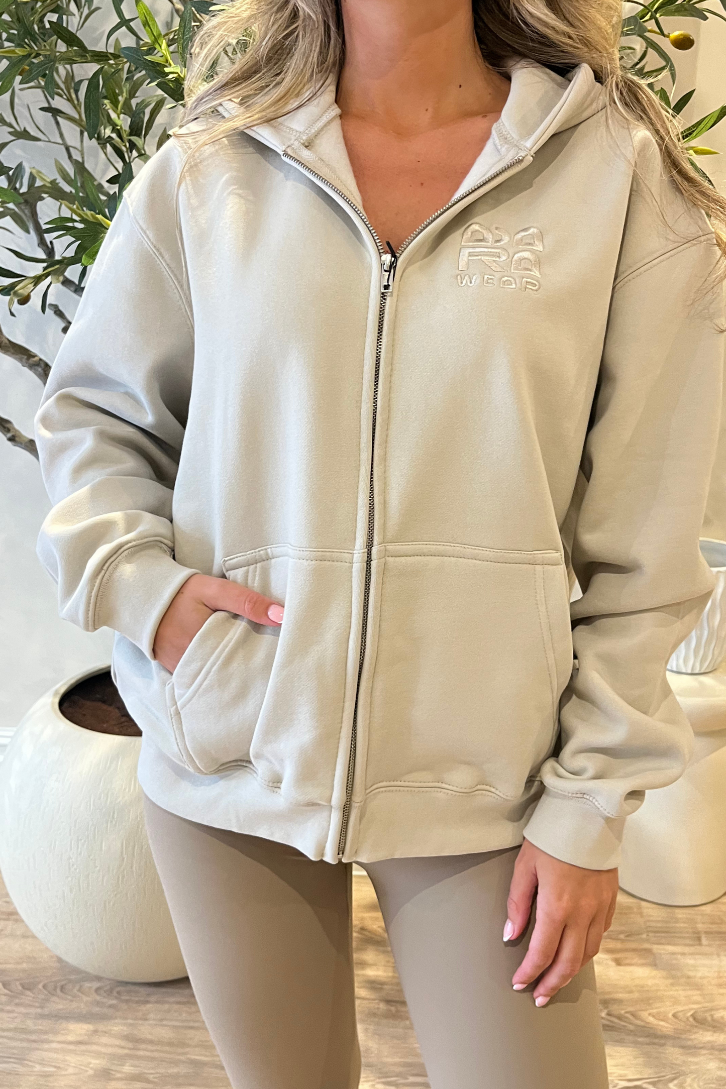 Beige Oversized Zip-Up Hoodie with Matching Embroidery