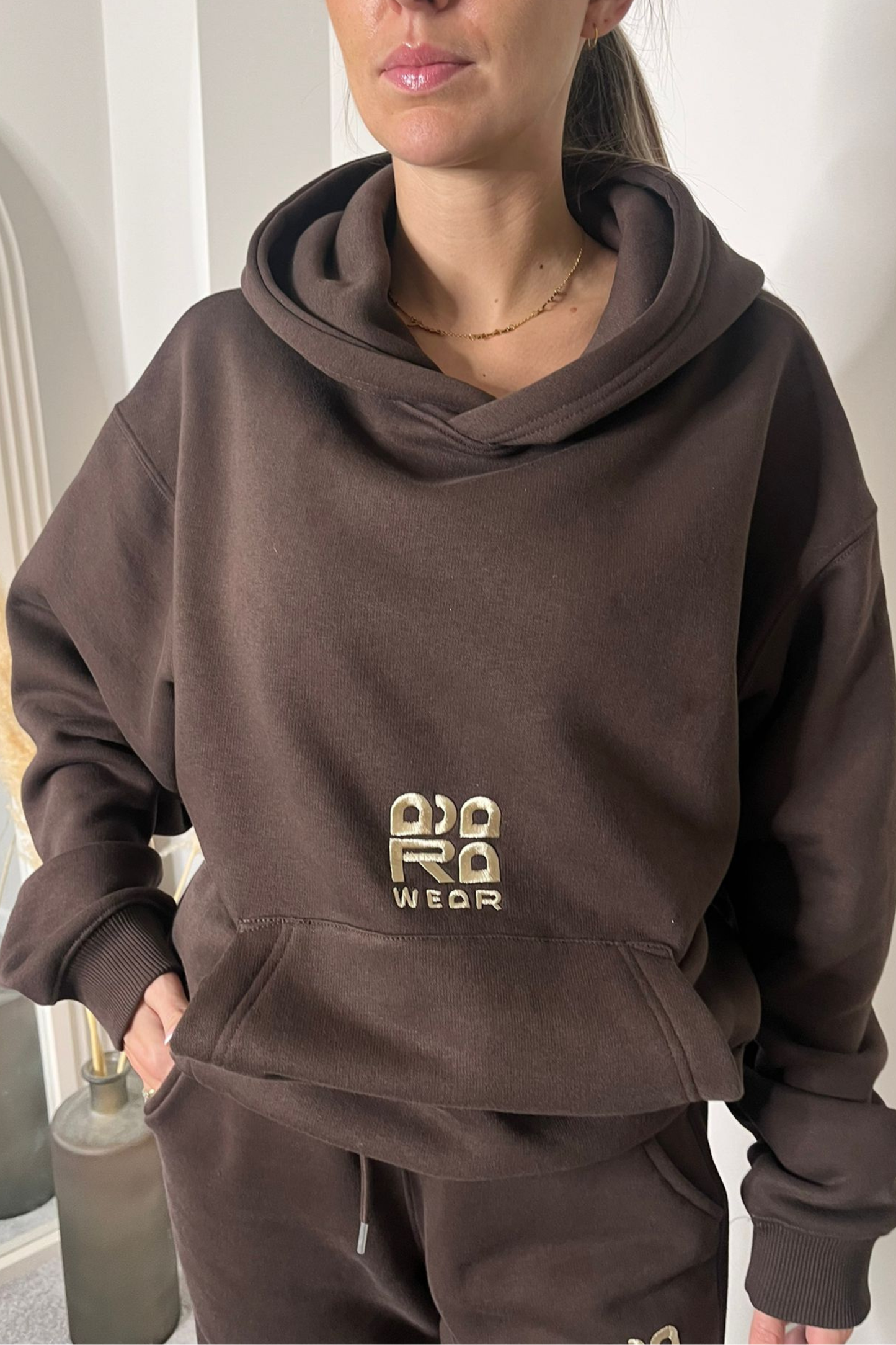 Brown Hoodie with beige contrasting stitching