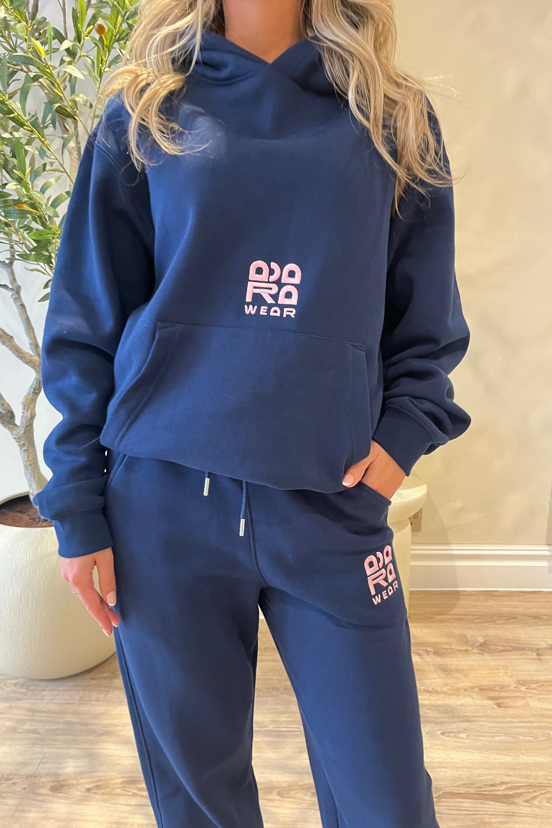 Navy Hoodie with Pink Embroidery & Appliqué Back – Adara Wear