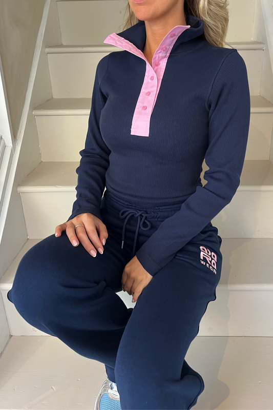 Navy Ribbed Top with Pink Contrast Neckline – Adara Wear