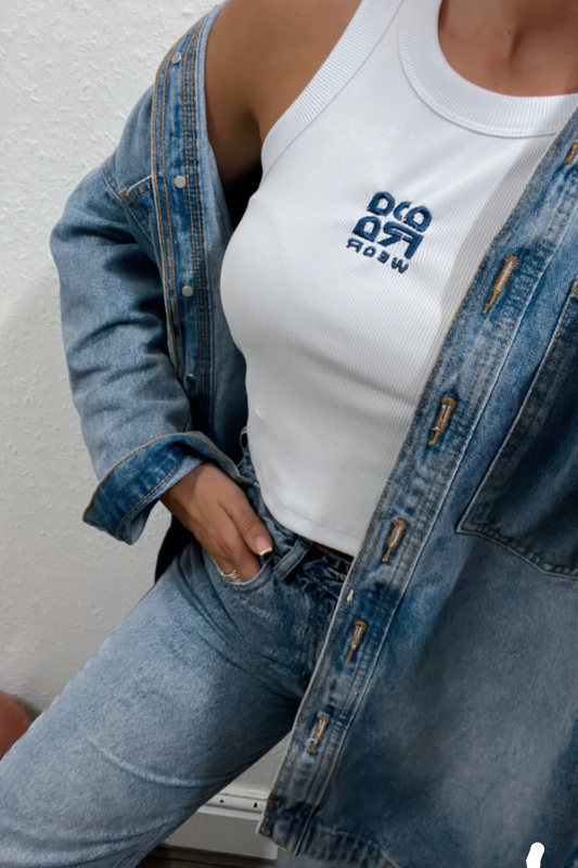 White Cropped Racer Neck Top with Navy Embroidery