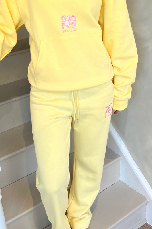 Yellow Joggers with Pink Embroidery