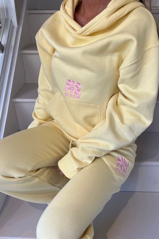 Yellow Hoodie with Pink Embroidery & Appliqué Back