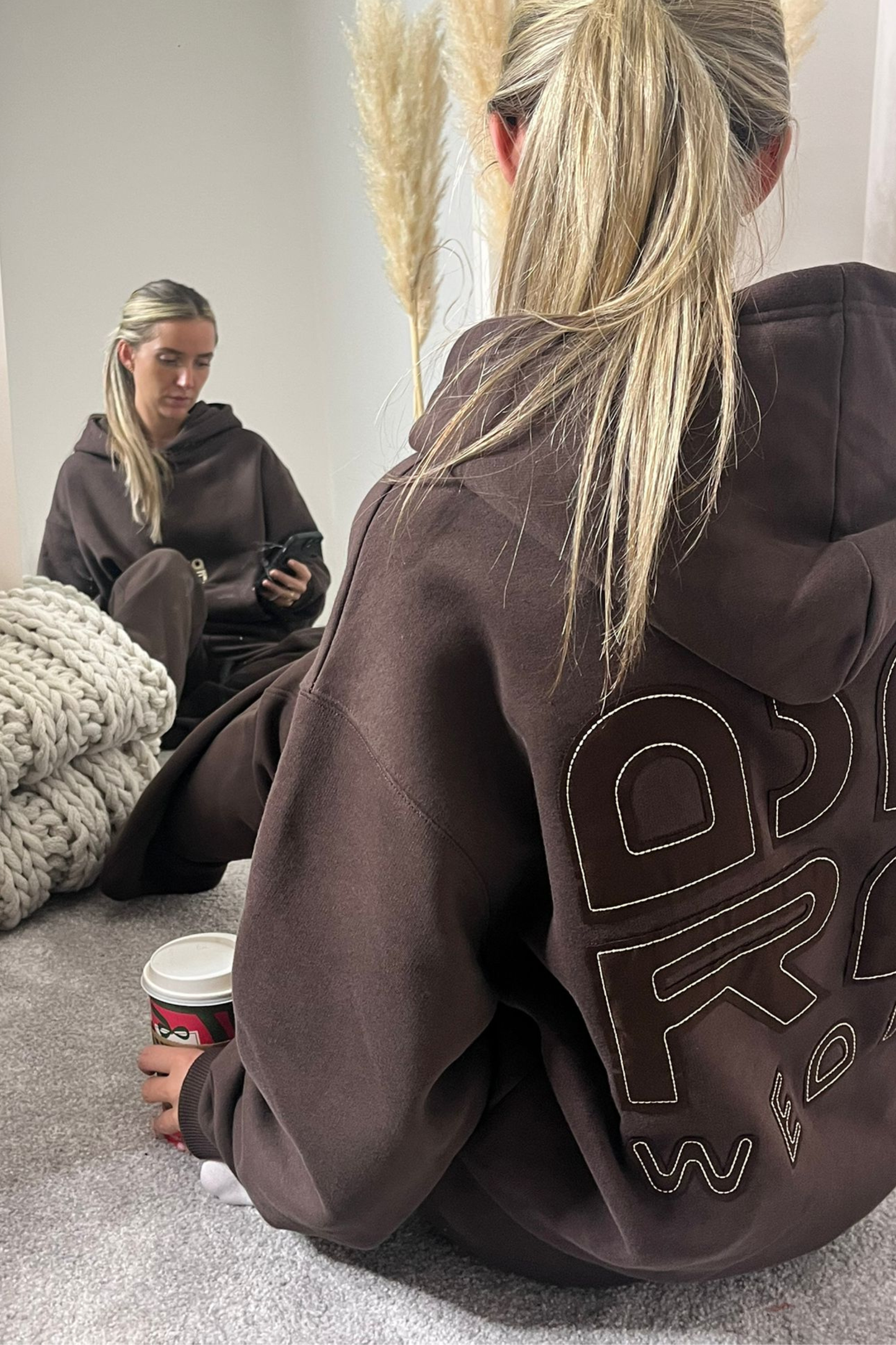 Brown Hoodie with beige contrasting stitching